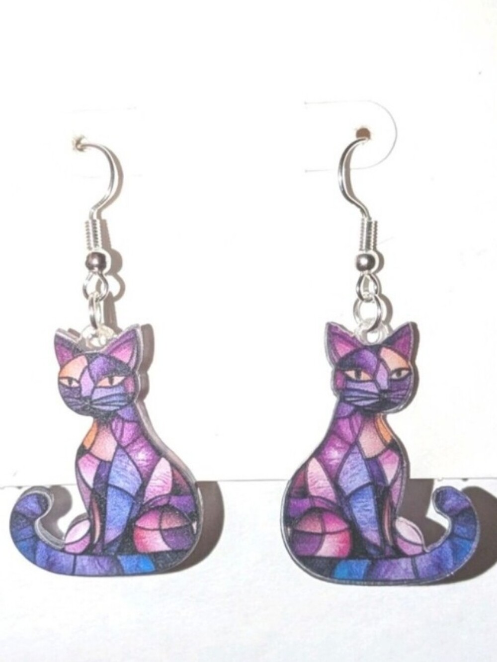 Purple Mosaic Cat Earrings for Pet Lovers